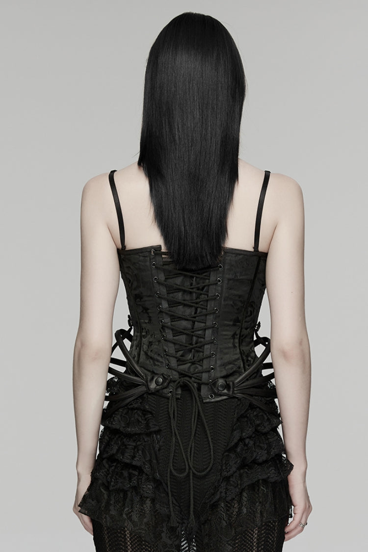 Black Sleeveless Rose Jacquard Lace-Up Women's Gothic Overbust Corset