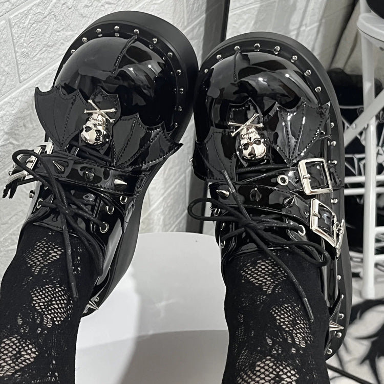 Glossy Black Punk Gothic Little Demon Bat Skull Cross Strap Platform Shoes