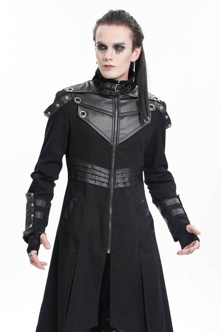Black Stand Collar Eyelets Buckle-up Ring Long Sleeves Stitching Men's Gothic Coat