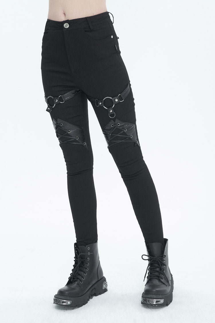 Black Slightly Elastic Twill Pu Tie Rope Decoration Women's Punk Trousers