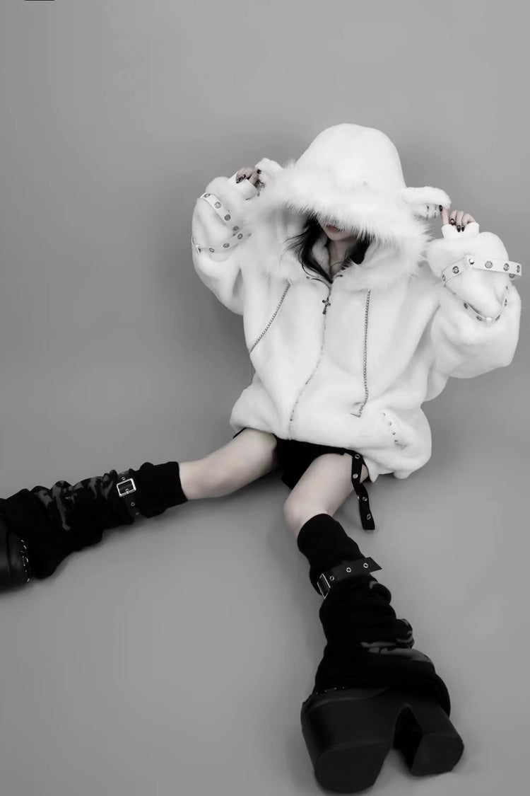 White Long Sleeves Lamb Ears Hooded Rivet Punk Japanese Jirai Kei Coat