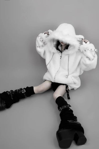 White Long Sleeves Lamb Ears Hooded Rivet Punk Japanese Jirai Kei Coat