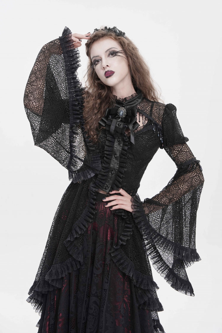 Black Stand Collar Long Trumpet Sleeves Cut-Out Women's Gothic Gorgeous Blouse