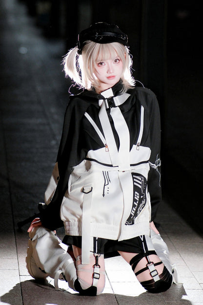 Black/White [Zero-Type Transformation] Techwear Long Sleeves Embroidered Hooded Punk Jirai Kei Shorts Coat Set