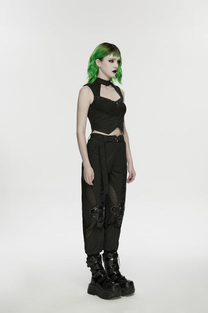 Black Women's Punk Handsome Buckle-up Studded Mesh Cargo Pants