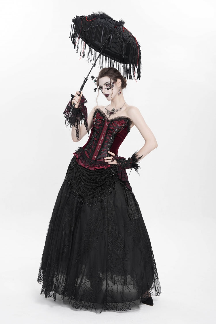 Red Sleeveless Beaded Lace Lace-Up Women's Gothic Overbust Corset