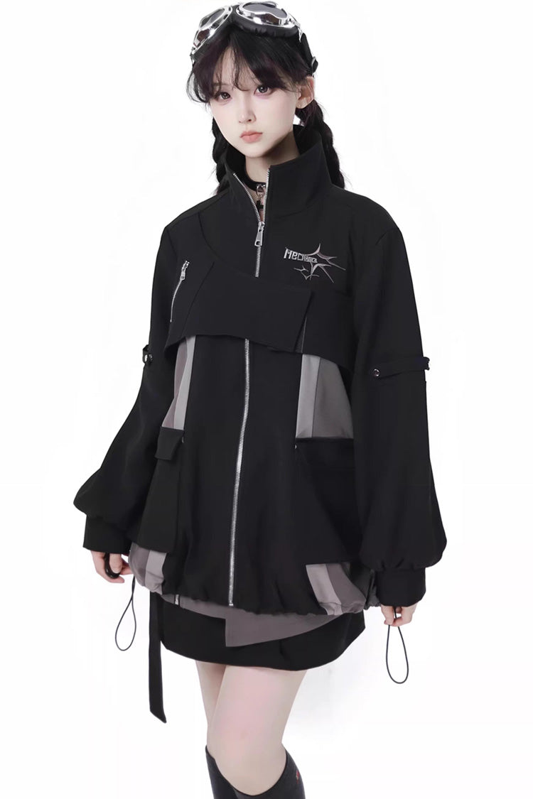 Black [Holographic Cruise] Techwear Long Sleeves Spliced Zippered Gothic Jirai Kei Skirt and Coat Set