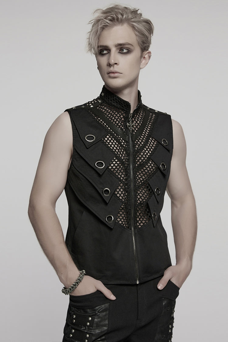 Black Stand Collar Stitching Mesh Men's Punk Vest