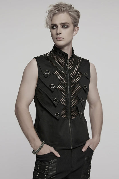 Black Stand Collar Stitching Mesh Men's Punk Vest