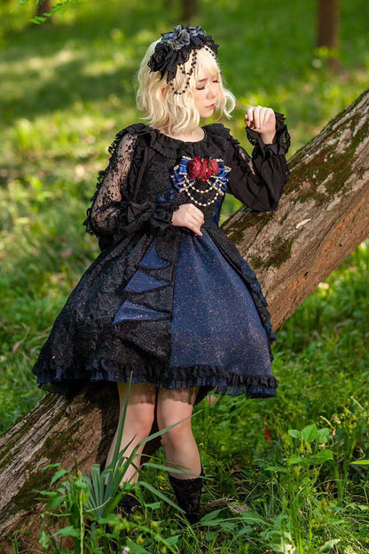 Black/Blue Ruffle Cardigan Bowknot Lace Classic Lolita Dress