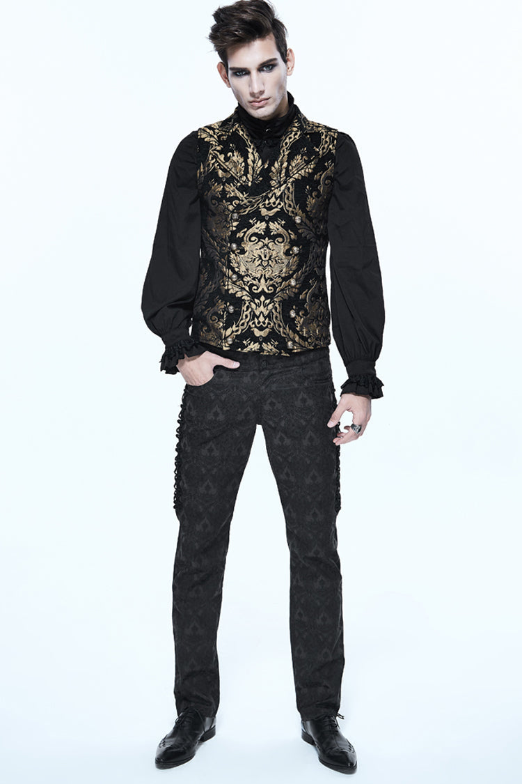 Black/Gold Short Big Jacquard Pattern Men's Gothic Waistcoat