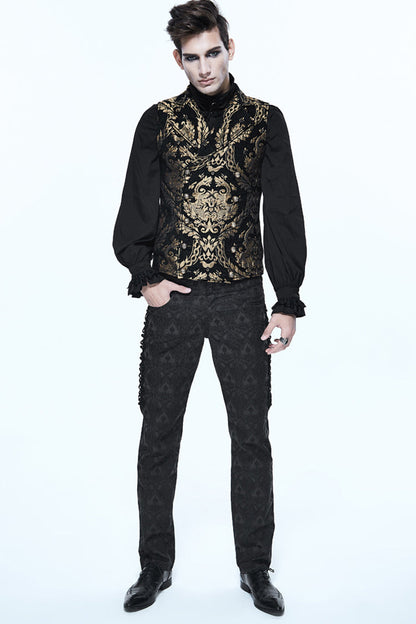 Black/Gold Short Big Jacquard Pattern Men's Gothic Waistcoat