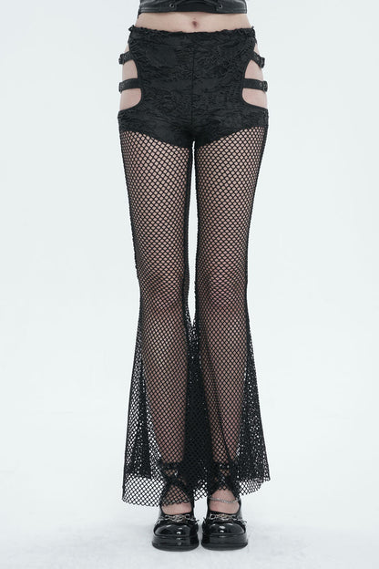 Black Stretch Knit Panel Mesh Cutout Flare Women's Gothic Trousers