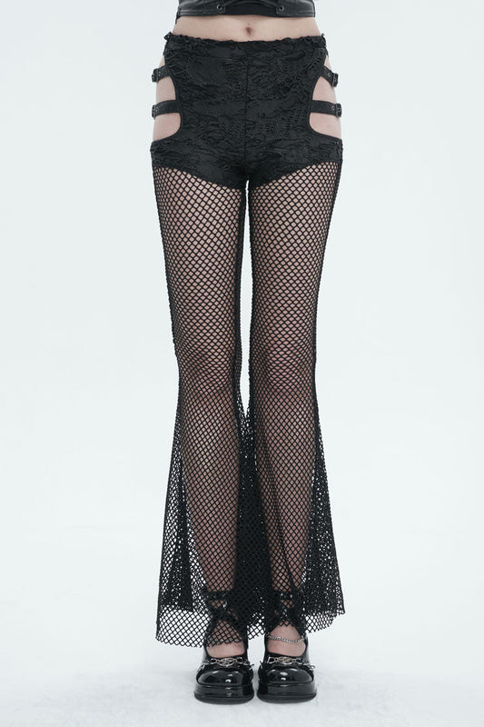 Black Stretch Knit Panel Mesh Cutout Flare Women's Gothic Trousers