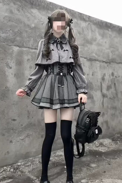 Grey Long Sleeves Houndstooth Printed Ruffled Lace-Up Jirai Kei Japanese Set
