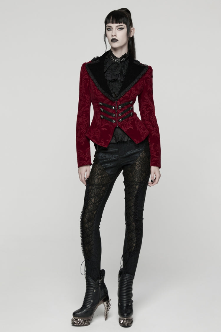 Red/Black Lapel Collar Long Sleeves Lace-Up Zipper Women's Punk Coat