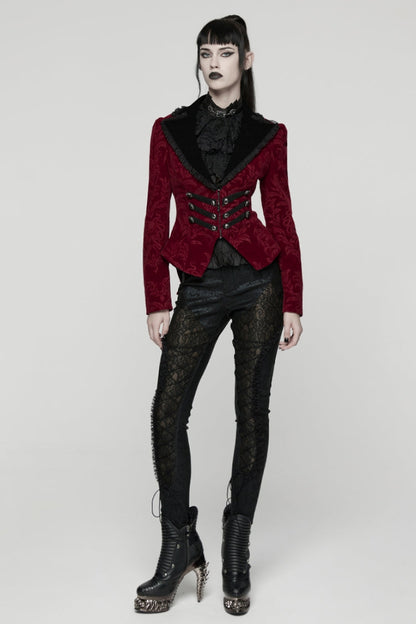 Red/Black Lapel Collar Long Sleeves Lace-Up Zipper Women's Punk Coat