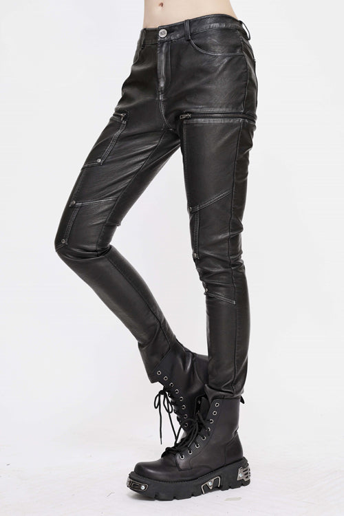 Black Punk Biker Block Shaped Patchwork Hand Rubbed Leather Womens Pants