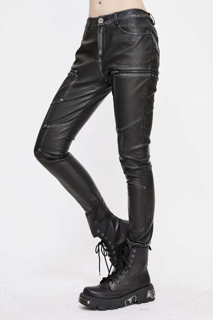 Black Punk Biker Block Shaped Patchwork Hand Rubbed Leather Womens Pants