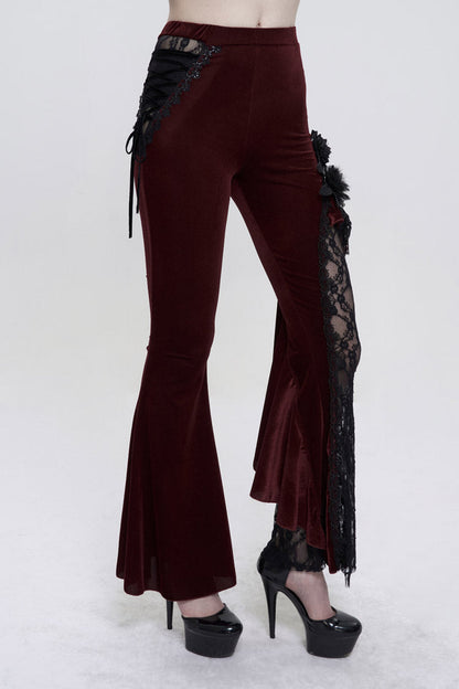 Red Velvet Single Side Stitching Rose Net Side Rope Decoration Asymmetric Pattern Flare Women's Gothic Pants