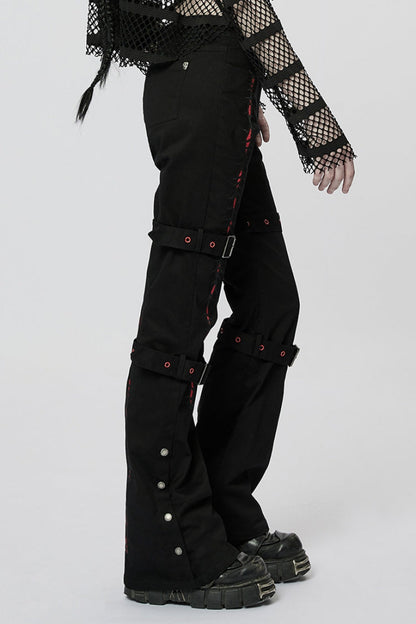 Black/Red Embroidery Buckles Women's Steampunk Flared Pants