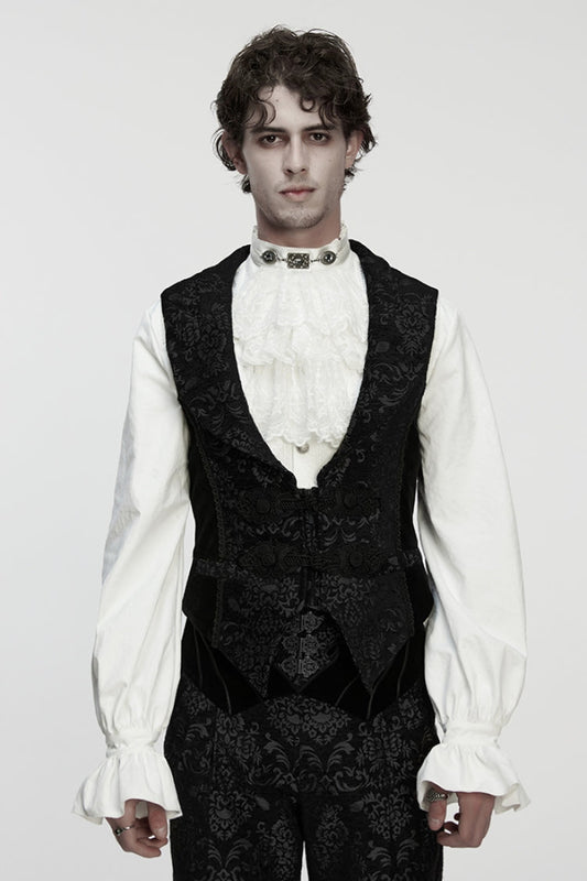 Black Sleeveless Floral Jacquard Buckled Men's Gothic Vest