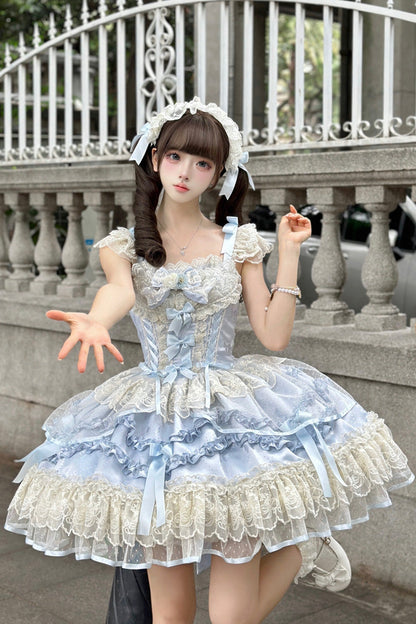 Blue [Dreaming Butterfly] Multi-Layered Jacquard Ruffle Bowknot Lace Sweet Princess Lolita Jsk Dress
