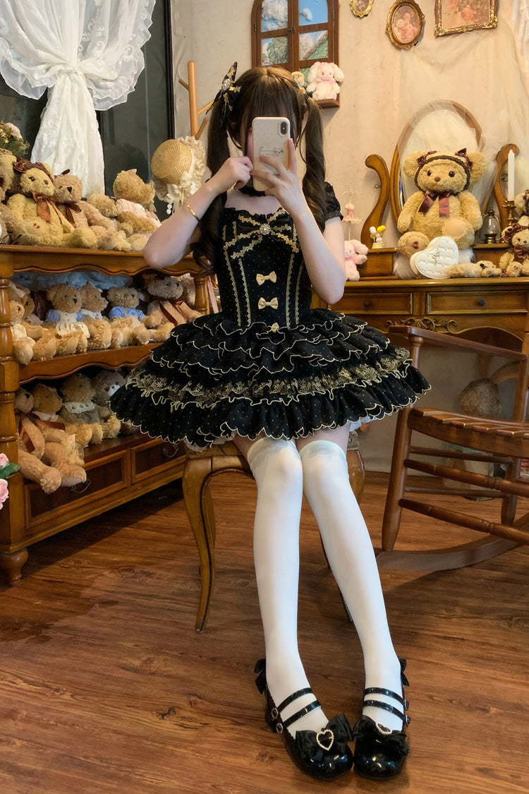 Black Sleeveless Multi-Layered Polka Dots Printed Ruffled Bow Sweet Princess Lolita Jsk Dress