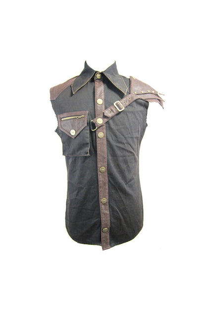Black Twill Brown One Shoulder Armor Heat Seal Hasp Sleeveless Men's Punk Shirt