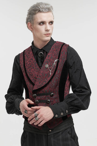 Red Slim Retro Jacquard Chest Metal Chain Cross Men's Gothic Vest