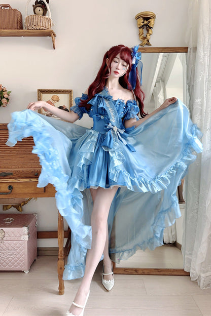 Blue [Mermaid Princess] Ruffle Hanayome Bowknot Sweet Elegant Lolita Jsk Dress Set