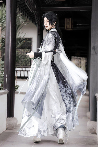 Black/White [Magpie Feather] Stand Collar Long Sleeves High Waisted Printed Embroidered Women's Classic Hanfu Dress Set