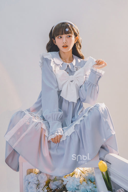Blue Doll Collar Single Breasted Princess Sleeves High Waist Magic Playing Cards Sweet Lolita OP Dress