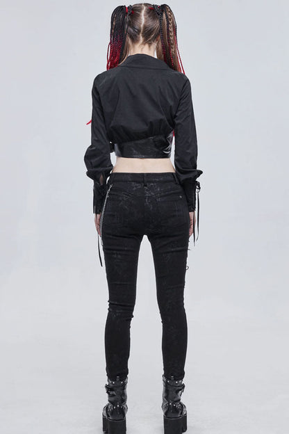 Black Punk Asymmetrical Neckline Buttonhole Cuffs With Cord Design Cropped Thin Texture Long Sleeve Women's Shirt
