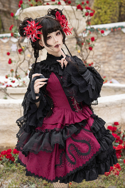 Black/Red Multi-Layered Ruffle Bowknot Lace Asymmetric Gothic Lolita Jsk Dress