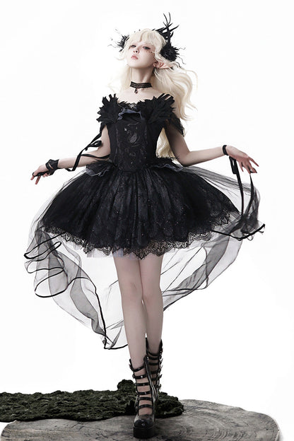 Black [Black Swan's Prayer] Sleeveless Ruffle Bowknot Gothic Ballet Lolita Jsk Dress