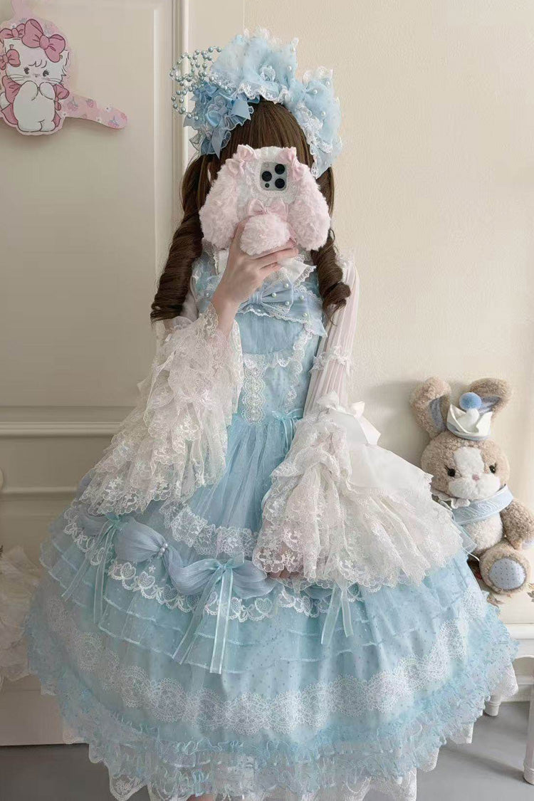 Blue [Sugar Heart Knot] Multi-Layered Ruffled Bow Lace Sweet Lolita Jsk Dress