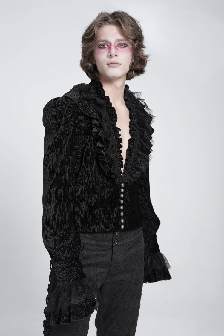 Black V Collar Long Sleeves Ruffle Stitching Lace Men's Gothic Blouse