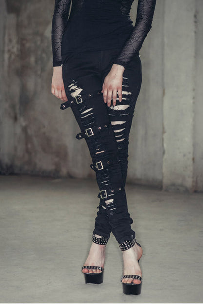 Black Punk Loops Broken Holes Womens Pants