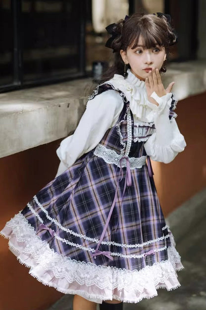 Black/Purple [Endless Summer] High Waisted Printed Ruffled Bow Lace Sweet Princess Lolita Jsk Dress 2 Versions