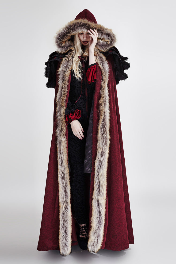 Red Hooded Fur Collar Wool Long Womens Gothic Coat Cloak