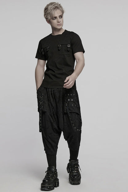 Black Round Collar Short Sleeves Pocket Denim Men's Punk T-Shirt