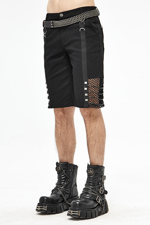 Black Punk Rough Rope Mesh Spliced Mens Fifth Pants