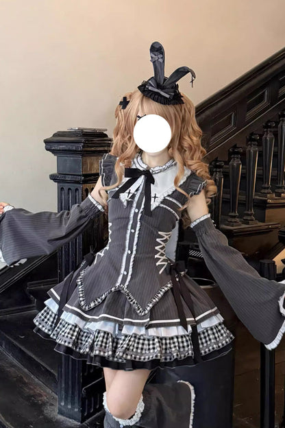 Black [Berlin Covenant] Detachable Sleeves Hime Sleeves Print Ruffle Bowknot Lace-Up Gothic Lolita Dress Set