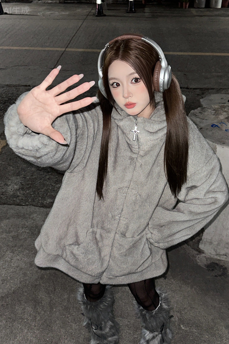Grey Long Sleeves Mouse Ears Hooded Zippered Gothic Jirai Kei Coat