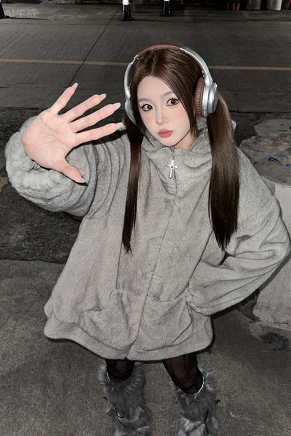 Grey Long Sleeves Mouse Ears Hooded Zippered Gothic Jirai Kei Coat