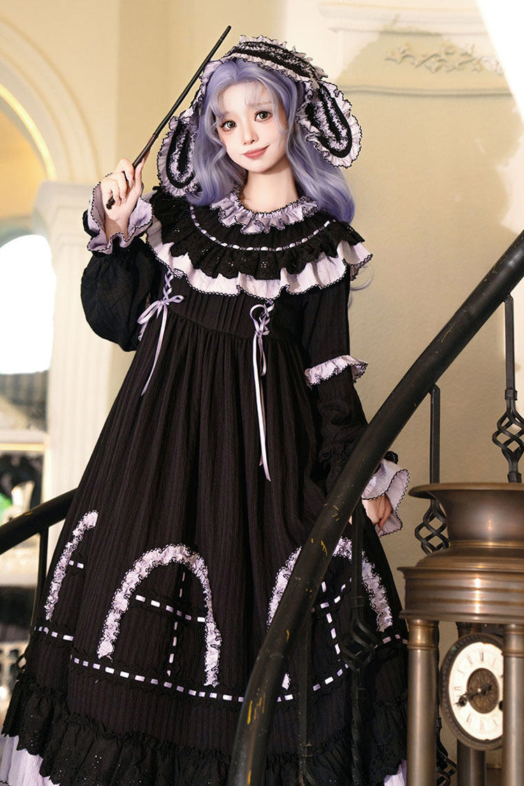 Black [Twin Lilian] Round Collar Long Sleeves Double-Layered Ruffled Bow Lace-Up Gothic Lolita Dress