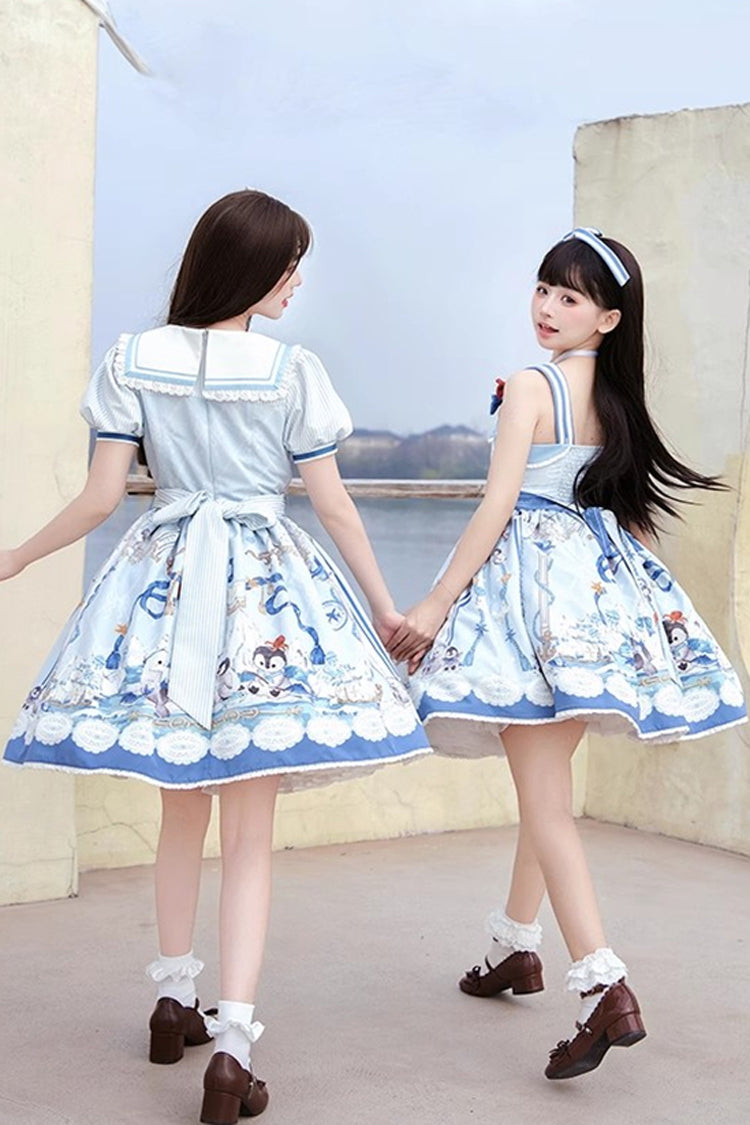 Blue [Penguin Navy] Short Sleeves Print Ruffle Bowknot Sweet Princess Lolita Dress