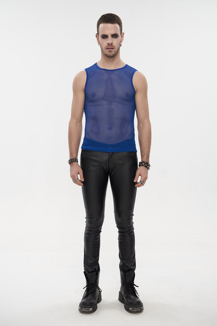 Blue Elasticity Perspective Rhombus Net Yarn Sleeveless Men's Gothic T-Shirt