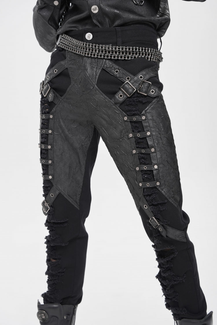 Black Ripped Buckle Straps Men's Punk Pants